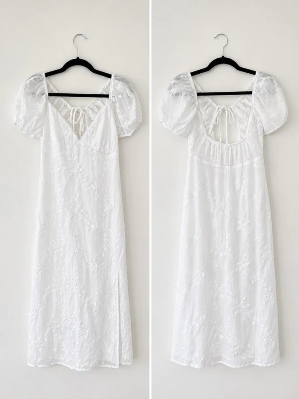 White Puff-Sleeve Embroidered Maxi Dress with Tie Back
